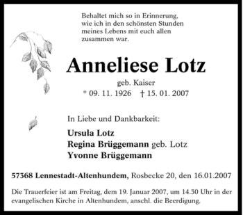 Traueranzeige von Anneliese Lotz von Tageszeitung
