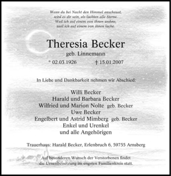 Traueranzeige von Theresia Becker von Tageszeitung