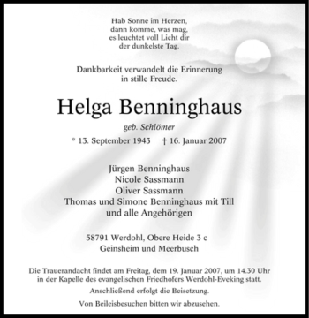 Traueranzeige von Helga Benninghaus von Tageszeitung
