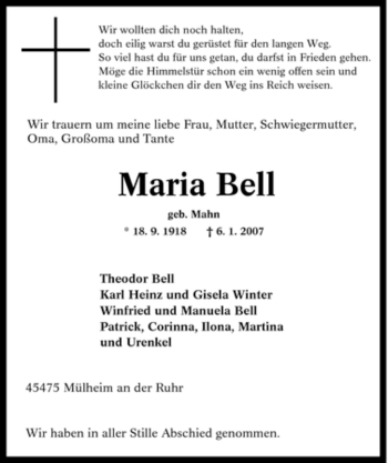 Traueranzeige von Maria Bell von Tageszeitung