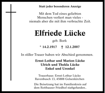 Traueranzeige von Elfriede Lücke von Tageszeitung