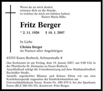 Traueranzeige von Fritz Berger von Tageszeitung
