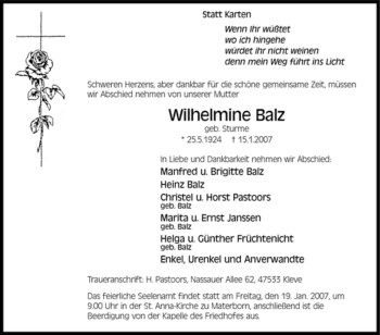 Traueranzeige von Wilhelmine Balz von Tageszeitung