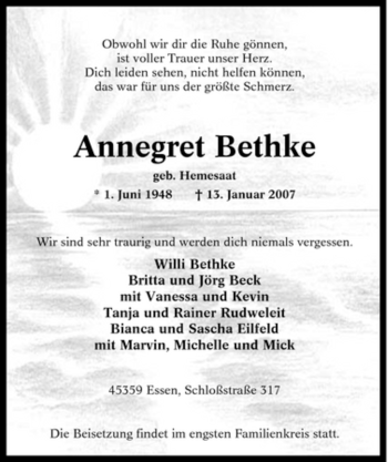 Traueranzeige von Annegret Bethke von Tageszeitung