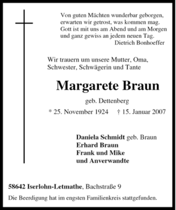 Traueranzeige von Margarete Braun von Tageszeitung