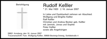 Traueranzeige von Rudolf Keßler von Tageszeitung