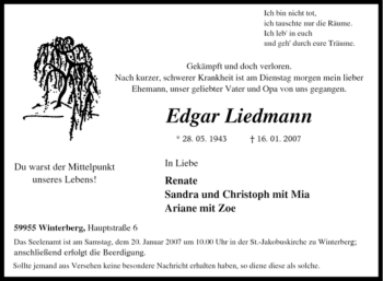 Traueranzeige von Edgar Liedmann von Tageszeitung