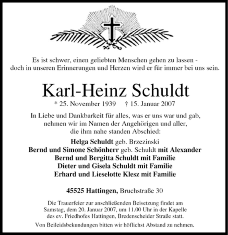  Traueranzeige für Karl-Heinz Schuldt vom 18.01.2007 aus Tageszeitung