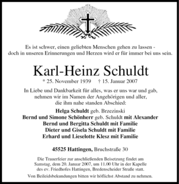 Traueranzeige von Karl-Heinz Schuldt von Tageszeitung