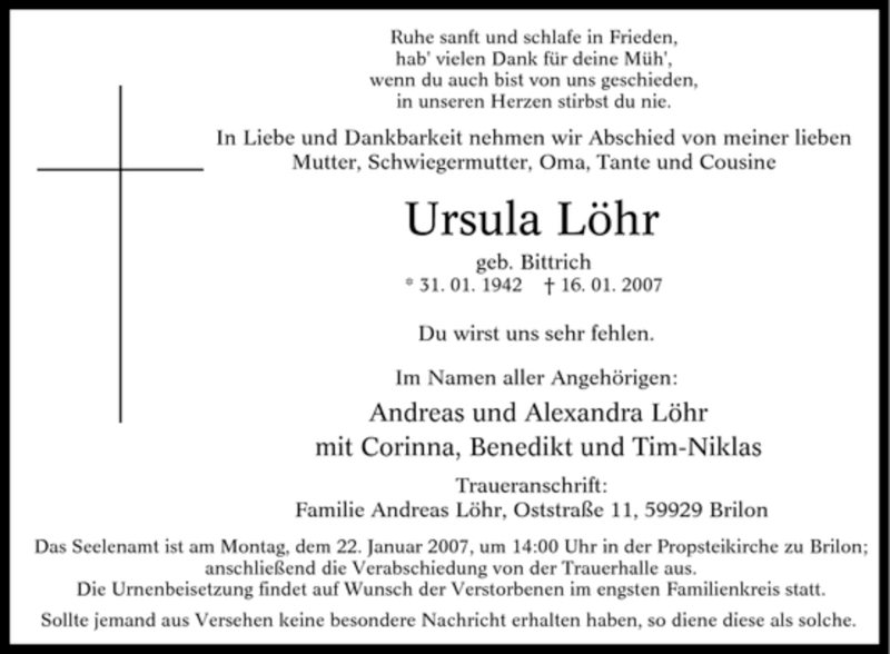 Traueranzeige für Ursula Löhr vom 18.01.2007 aus Tageszeitung
