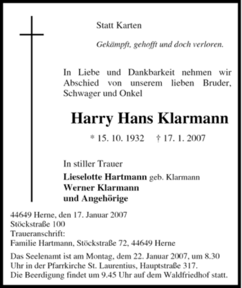 Traueranzeige von Harry Hans Klarmann von Tageszeitung