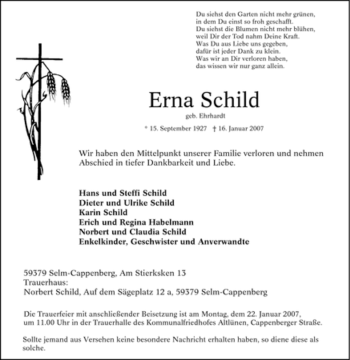 Traueranzeige von Erna Schild von Tageszeitung