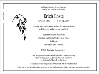 Traueranzeige von Erich Enste von Tageszeitung