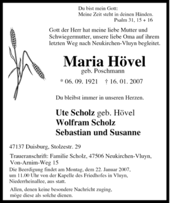 Traueranzeige von Maria Hövel von Tageszeitung