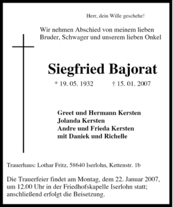Traueranzeige von Siegfried Bajorat von Tageszeitung