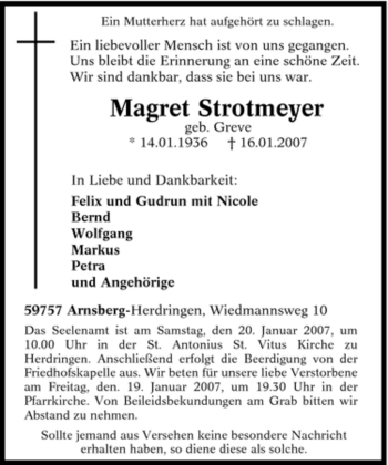 Traueranzeige von Magret Strotmeyer von Tageszeitung