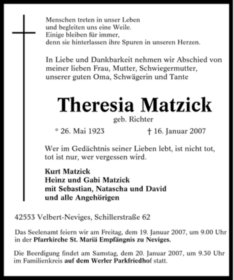  Traueranzeige für Theresia Matzick vom 18.01.2007 aus Tageszeitung