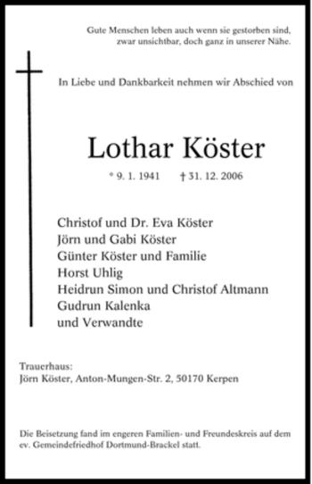 Traueranzeige von Lothar Köster von Tageszeitung