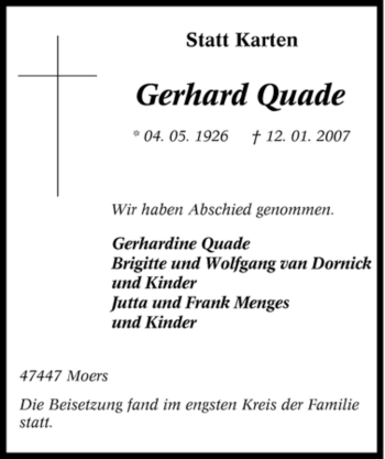 Traueranzeige von Gerhard Quade von Tageszeitung