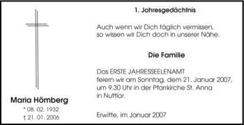 Traueranzeige von Maria Hömberg von Tageszeitung
