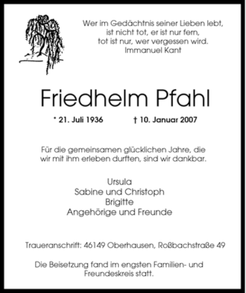 Traueranzeige von Friedhelm Pfahl von Tageszeitung