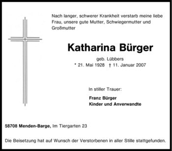 Traueranzeige von Katharina Bürger von Tageszeitung