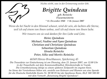 Traueranzeige von Brigitte Quindeau von Tageszeitung