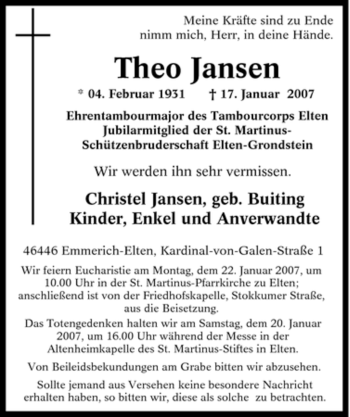 Traueranzeige von Theo Jansen von Tageszeitung