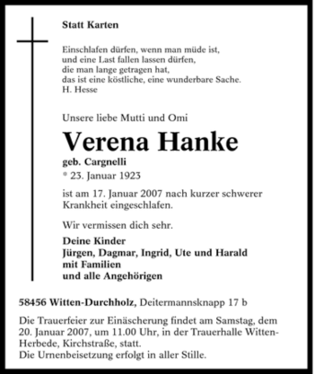 Traueranzeige von Verena Hanke von Tageszeitung