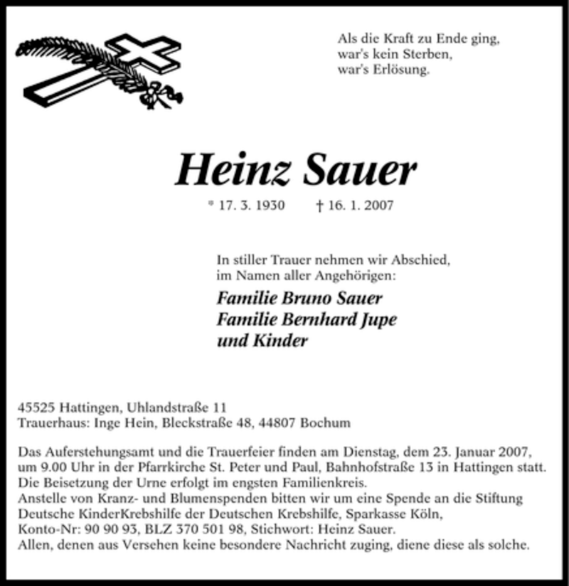  Traueranzeige für Heinz Sauer vom 19.01.2007 aus Tageszeitung