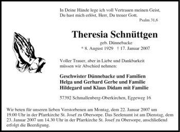 Traueranzeige von Theresia Schnüttgen von Tageszeitung