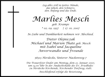Traueranzeige von Marlies Mesch von Tageszeitung