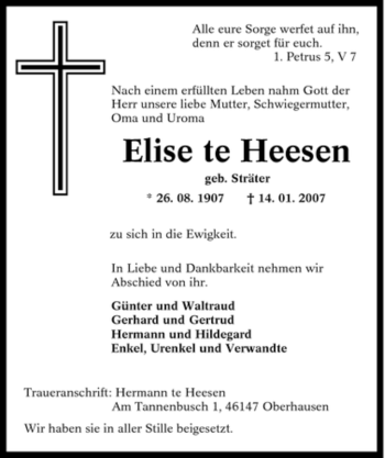 Traueranzeige von Elise te Heesen von Tageszeitung