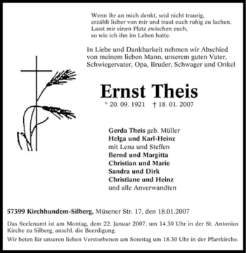 Traueranzeige von Ernst Theis von Tageszeitung