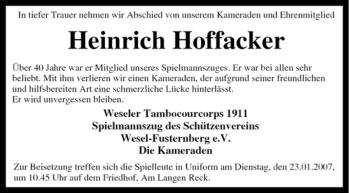 Traueranzeige von Heinrich Hoffacker von Tageszeitung
