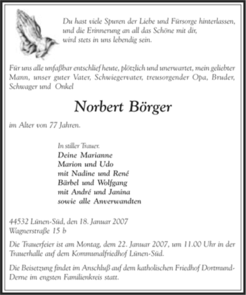 Traueranzeige von Norbert Börger von Tageszeitung
