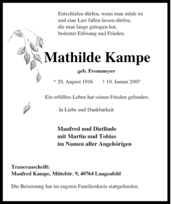 Traueranzeige von Mathilde Kampe von Tageszeitung