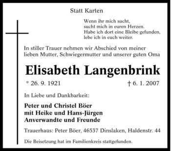 Traueranzeige von Elisabeth Langenbrink von Tageszeitung