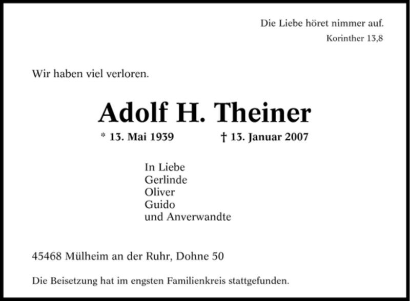 Traueranzeige für Adolf H. Theiner vom 20.01.2007 aus Tageszeitung