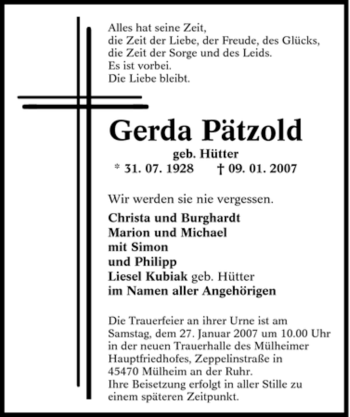 Traueranzeige von Gerda Pätzold von Tageszeitung
