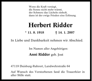 Traueranzeige von Herbert Ridder von Tageszeitung