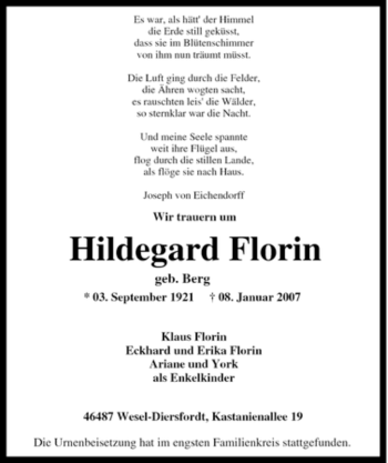 Traueranzeige von Hildegard Florin von Tageszeitung