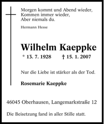 Traueranzeige von Wilhelm Kaeppke von Tageszeitung