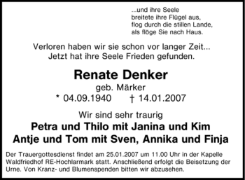 Traueranzeige von Renate Denker von Tageszeitung