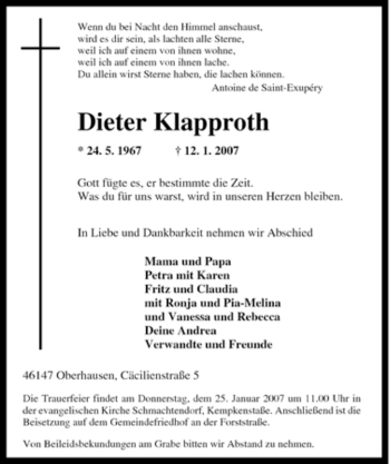 Traueranzeige von Dieter Klapproth von Tageszeitung