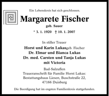 Traueranzeige von Margarete Fischer von Tageszeitung