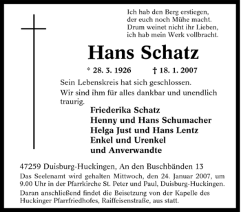 Traueranzeige von Hans Schatz von Tageszeitung