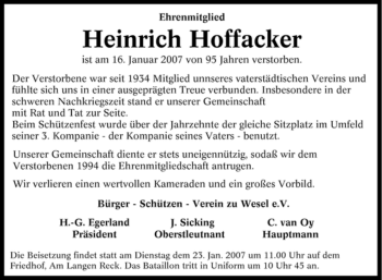 Traueranzeige von Heinrich Hoffacker von Tageszeitung