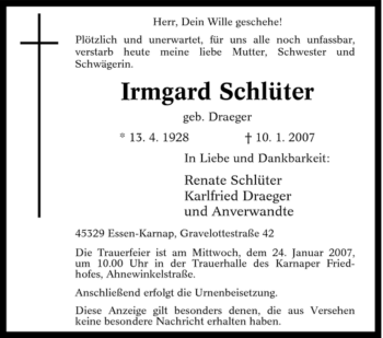 Traueranzeige von Irmgard Schlüter von Tageszeitung