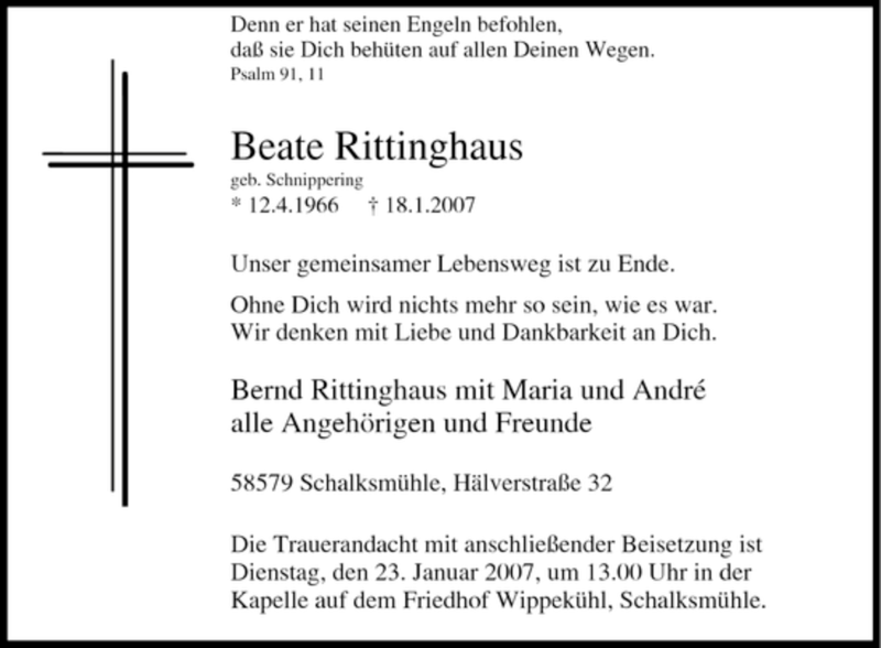  Traueranzeige für Beate Rittinghaus vom 20.01.2007 aus Tageszeitung